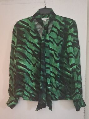 Topshop Green and Black Zebra-Print Tie-Neck Blouse